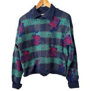 White Wheeler & Martha 100% Wool Collared Vintage Plaid Sweater Womens Large